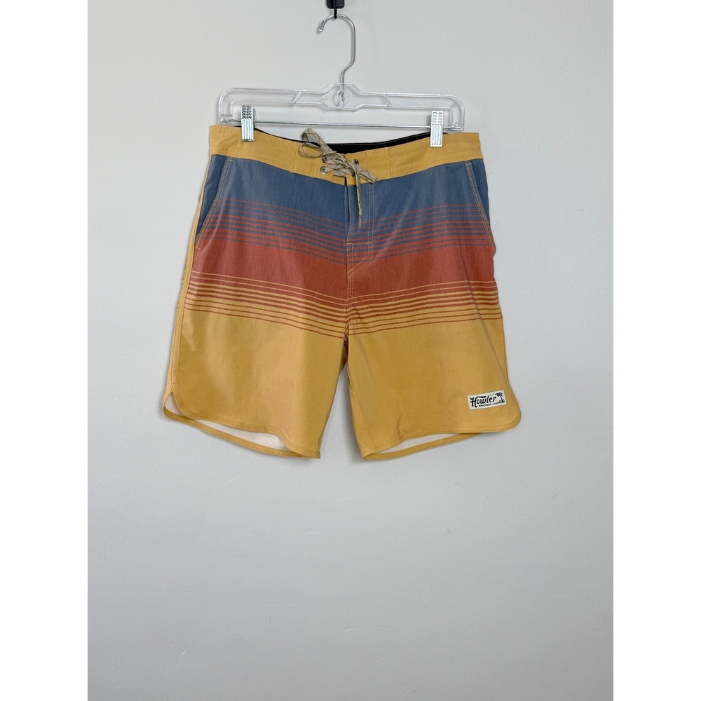 Howler Brothers Board Shorts Mens M Yellow Orange Blue‎ Striped Surf Swim Trunks